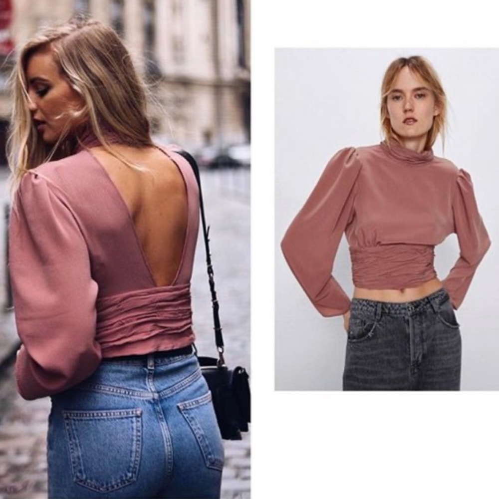 Zara BACK NECKLINE CROP TOP Blouse Long Sleeves Size L NEW